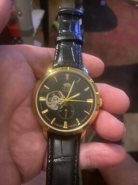 New Double Lion AutomatGold Case Black Dial Men's Watch with Black Leather Strap